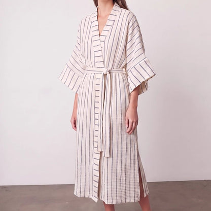 Ada Crinkle Cotton Striped Kimono with Belt - Navy Blue