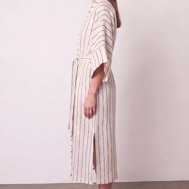 Ada Crinkle Cotton Striped Kimono with Belt - Navy Blue