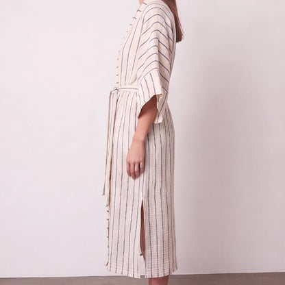 Ada Crinkle Cotton Striped Kimono with Belt - Navy Blue