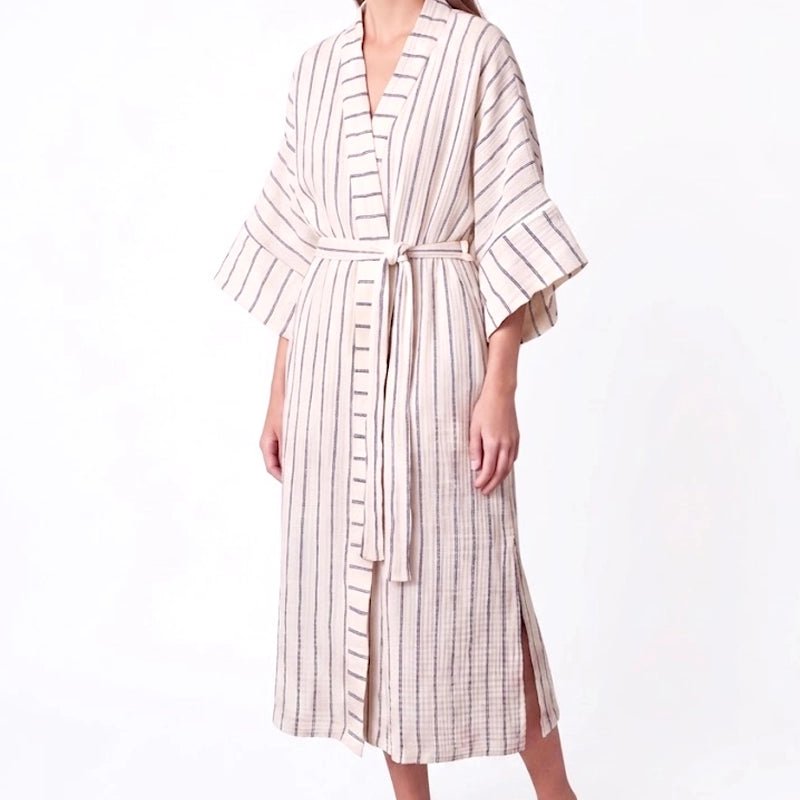 Ada Crinkle Cotton Striped Kimono with Belt - Navy Blue