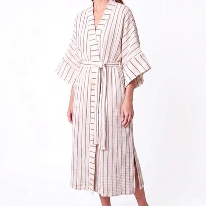 Ada Crinkle Cotton Striped Kimono with Belt - Navy Blue