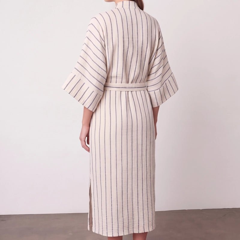 Ada Crinkle Cotton Striped Kimono with Belt - Navy Blue