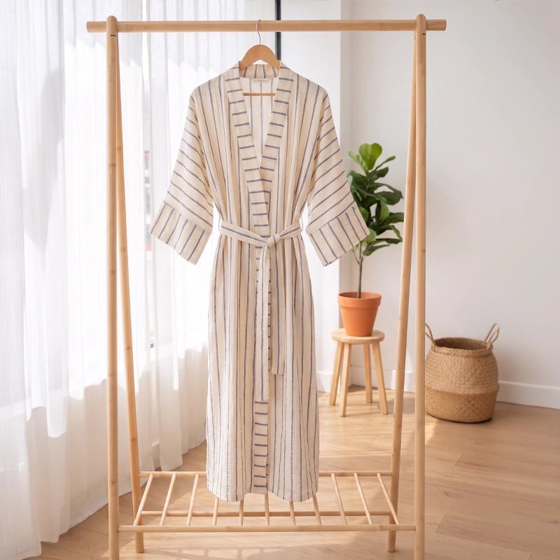 Ada Crinkle Cotton Striped Kimono with Belt - Navy Blue