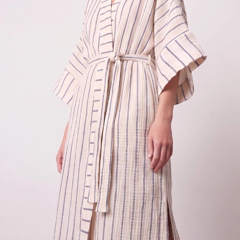 Ada Crinkle Cotton Striped Kimono with Belt - Navy Blue