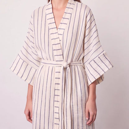 Ada Crinkle Cotton Striped Kimono with Belt - Navy Blue