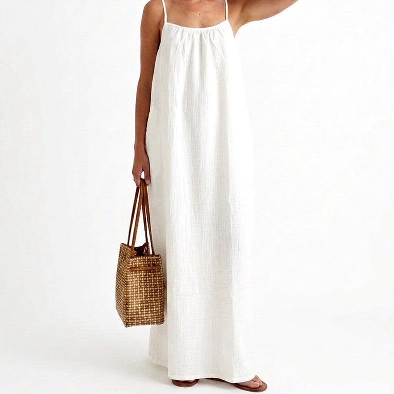 Barbara Flowy Crinkle Cotton Spaghetti Strap Casual Dress – Off-White