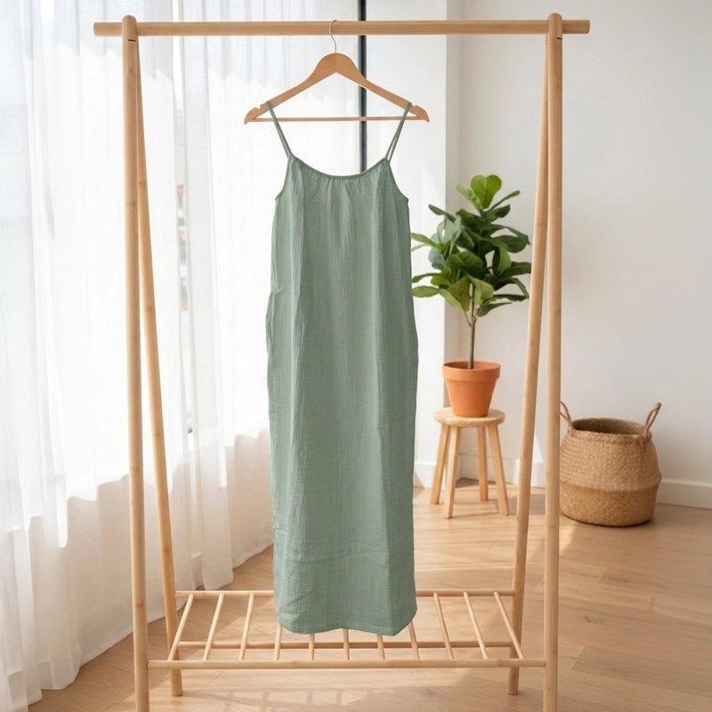 Barbara Flowy Crinkle Cotton Spaghetti Strap Casual Dress – Sage Green