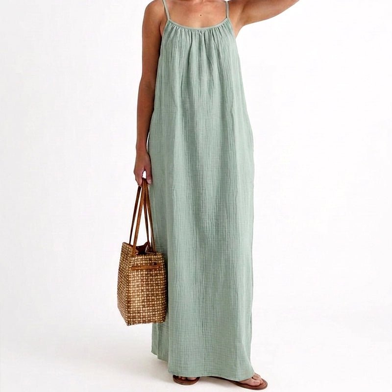 Barbara Flowy Crinkle Cotton Spaghetti Strap Casual Dress – Sage Green