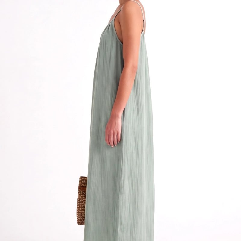 Barbara Flowy Crinkle Cotton Spaghetti Strap Casual Dress – Sage Green