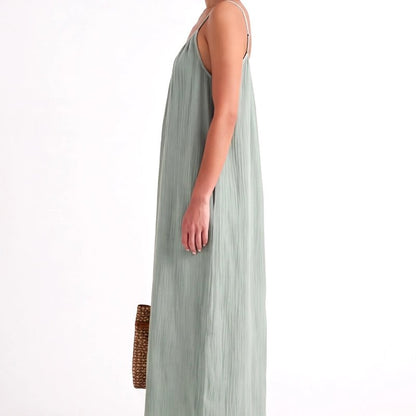 Barbara Flowy Crinkle Cotton Spaghetti Strap Casual Dress – Sage Green