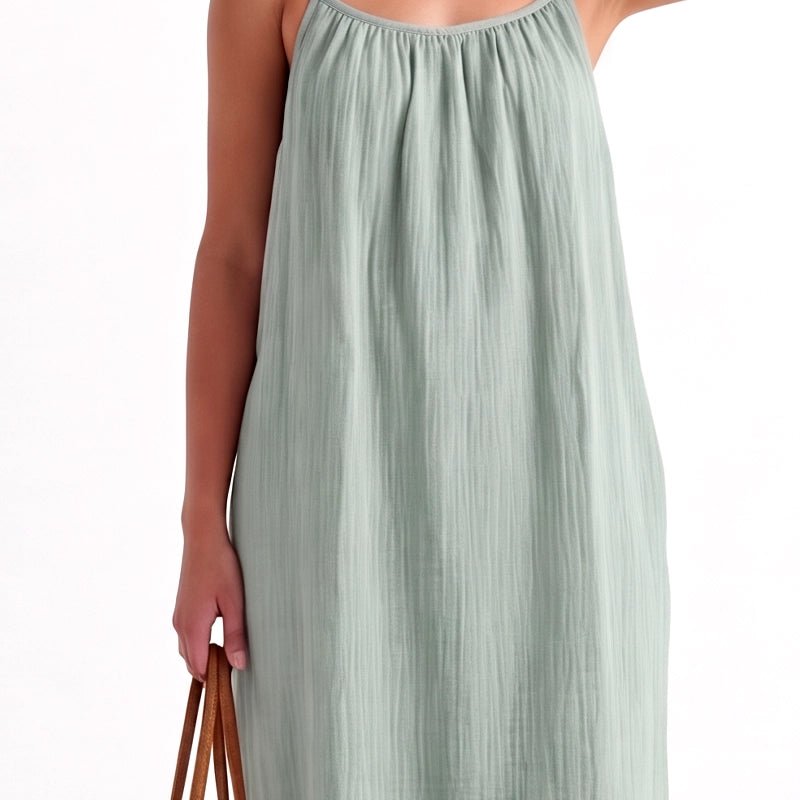 Barbara Flowy Crinkle Cotton Spaghetti Strap Casual Dress – Sage Green