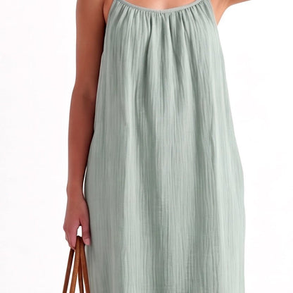 Barbara Flowy Crinkle Cotton Spaghetti Strap Casual Dress – Sage Green