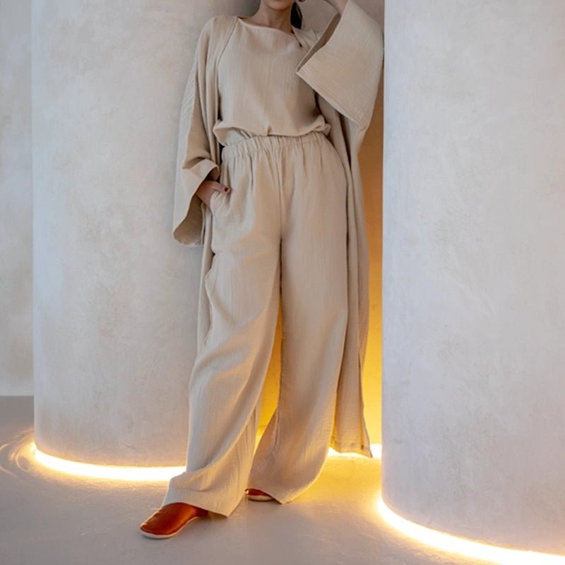 Cotton Kimono Kaftan Set - Beige