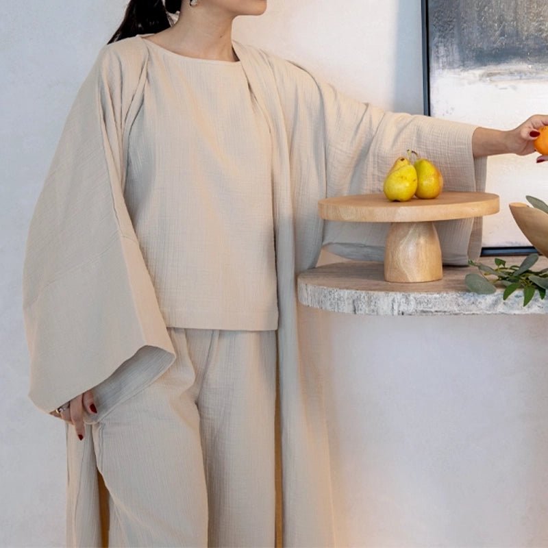 Cotton Kimono Kaftan Set - Beige
