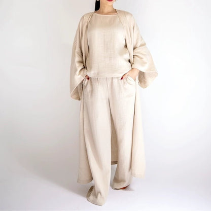 Cotton Kimono Kaftan Set - Beige