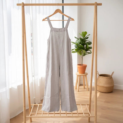 Linen Wide Leg Jumpsuit with Square Neck - Gray