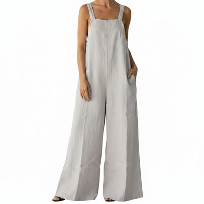 Linen Wide Leg Jumpsuit with Square Neck - Gray