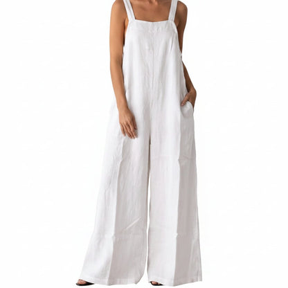 Linen Wide Leg Jumpsuit with Square Neck - White