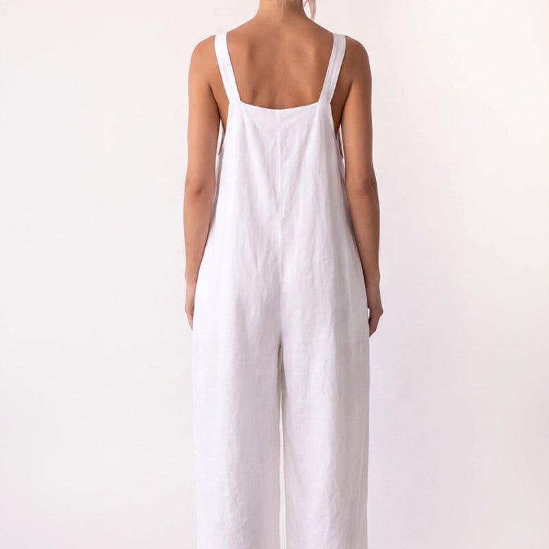Linen Wide Leg Jumpsuit with Square Neck - White