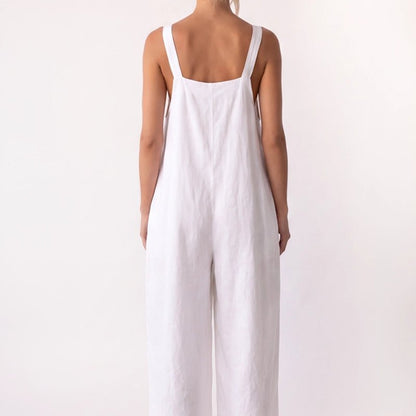 Linen Wide Leg Jumpsuit with Square Neck - White