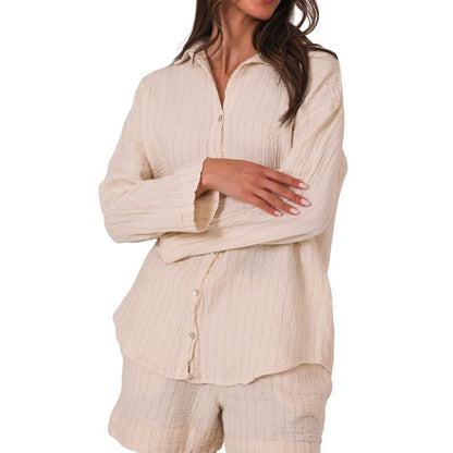 Peggy Cotton Shirt &amp; Short Set with Gold Metallic Stripes - Beige