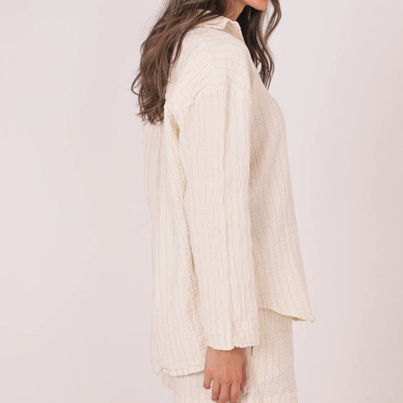 Peggy Cotton Shirt &amp; Short Set with Gold Metallic Stripes - Beige