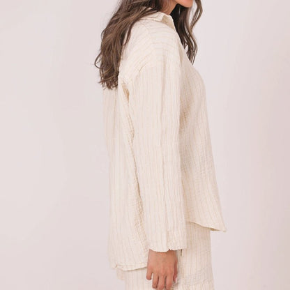 Peggy Cotton Shirt &amp; Short Set with Gold Metallic Stripes - Beige