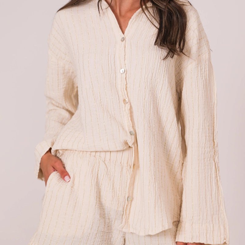 Peggy Cotton Shirt &amp; Short Set with Gold Metallic Stripes - Beige