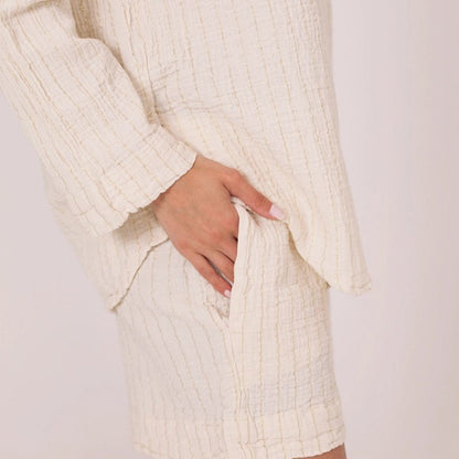 Peggy Cotton Shirt &amp; Short Set with Gold Metallic Stripes - Beige