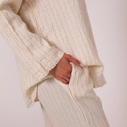 Peggy Cotton Shirt &amp; Trouser Set with Gold Metallic Stripes - Beige