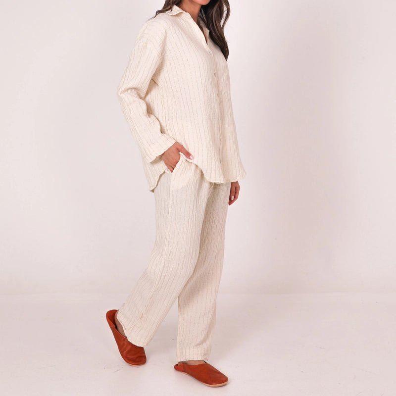 Peggy Cotton Shirt &amp; Trouser Set with Gold Metallic Stripes - Beige