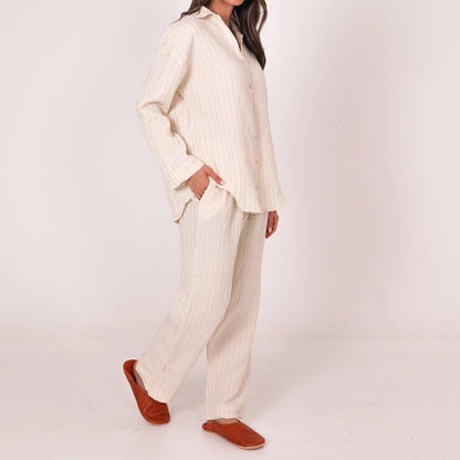 Peggy Cotton Shirt &amp; Trouser Set with Gold Metallic Stripes - Beige