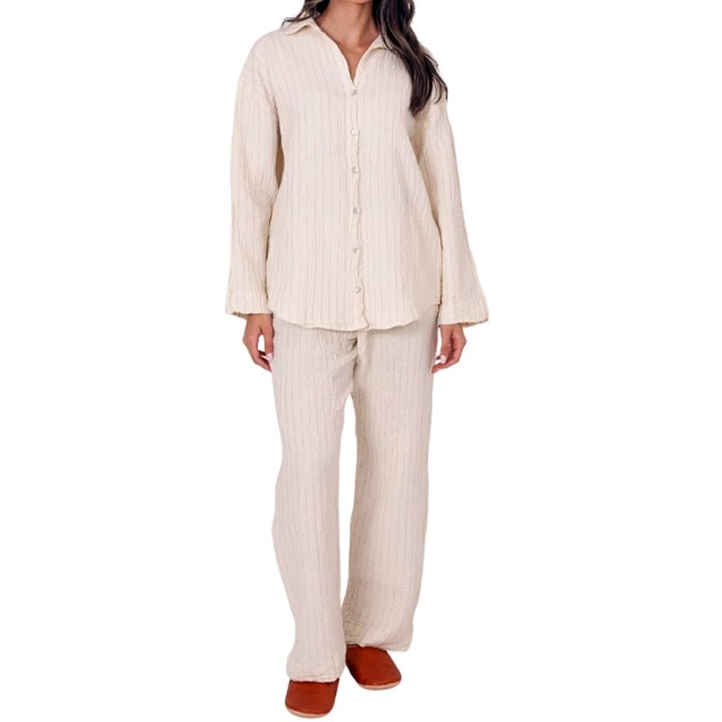 Peggy Cotton Shirt &amp; Trouser Set with Gold Metallic Stripes - Beige