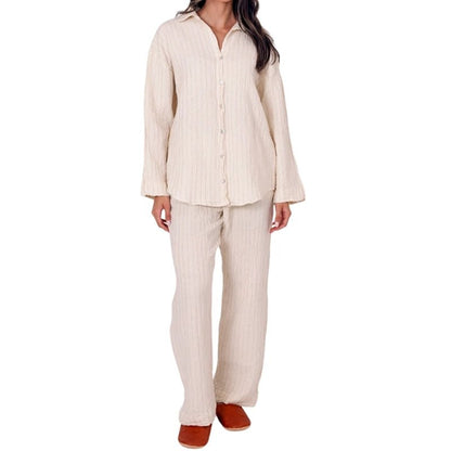 Peggy Cotton Shirt &amp; Trouser Set with Gold Metallic Stripes - Beige