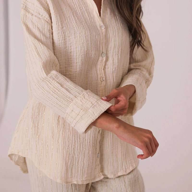 Peggy Cotton Shirt &amp; Trouser Set with Gold Metallic Stripes - Beige