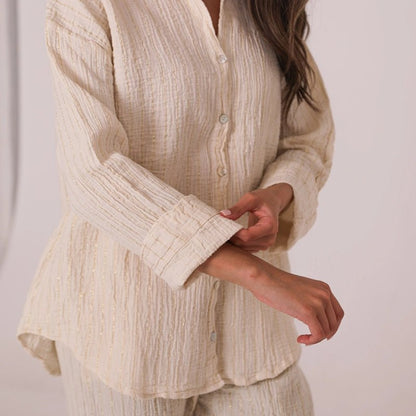Peggy Cotton Shirt &amp; Trouser Set with Gold Metallic Stripes - Beige