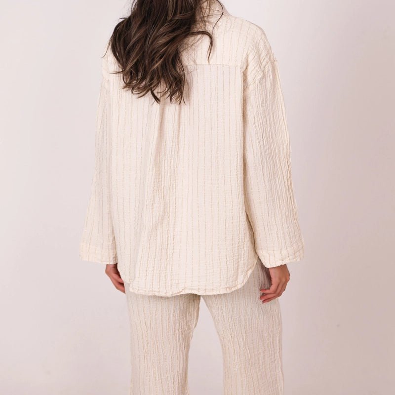 Peggy Cotton Shirt &amp; Trouser Set with Gold Metallic Stripes - Beige