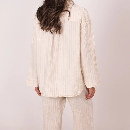 Peggy Cotton Shirt &amp; Trouser Set with Gold Metallic Stripes - Beige