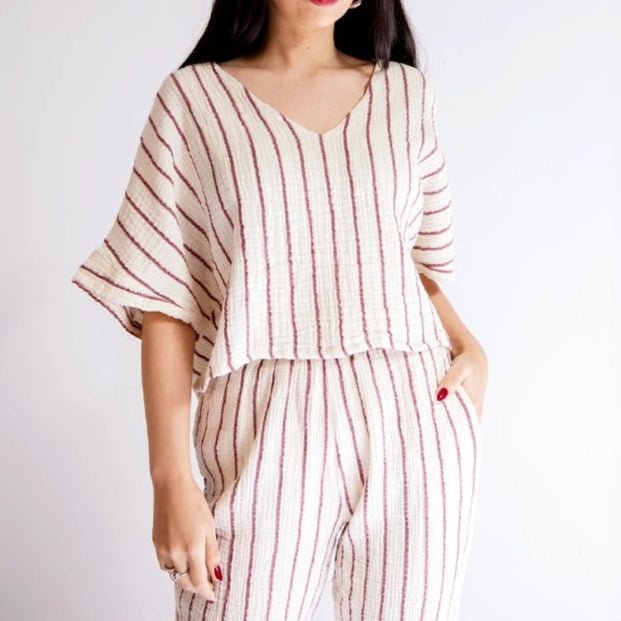 HAWA Sundown Stripe 2 - Piece Cotton Set - Burgundy - Waha Lifestyle