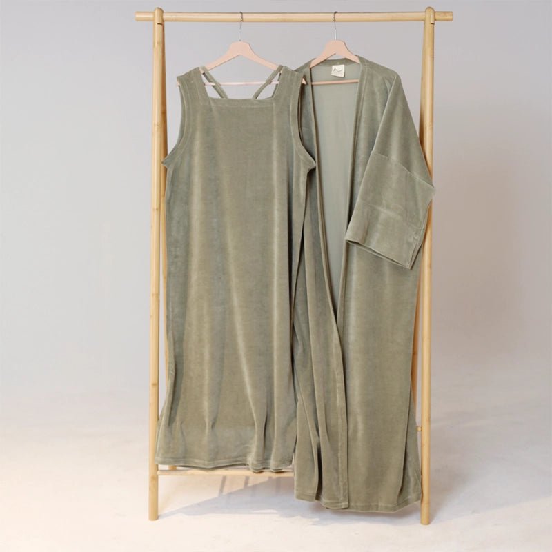 Velvet Kimono &amp; Dress Set - Olive