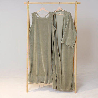 Velvet Kimono &amp; Dress Set - Olive