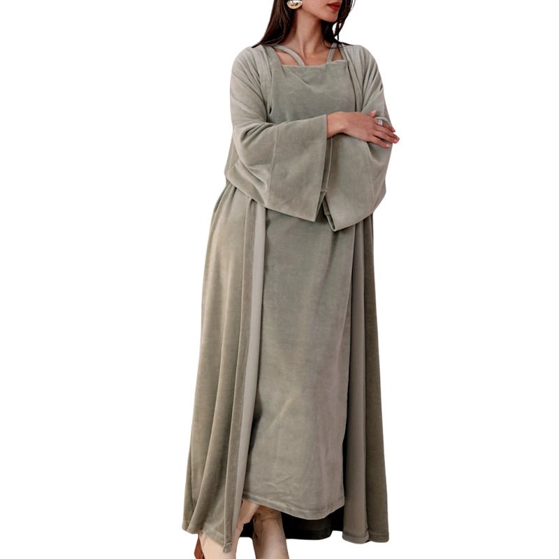 HAWA Velvet Kimono &amp; Dress Set - Olive in Kuwait - Waha Lifestyle