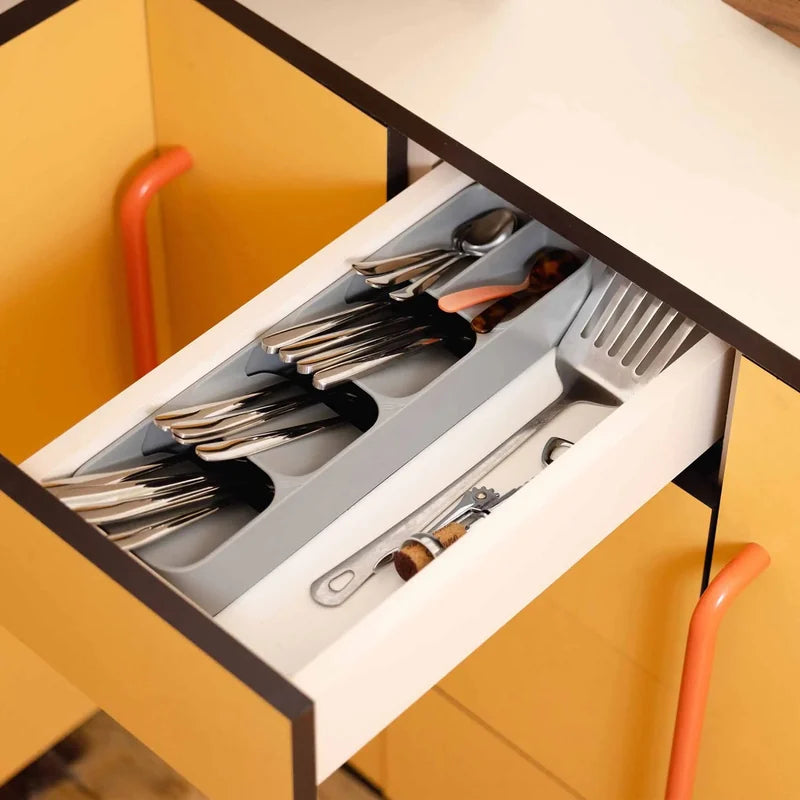 DrawerStore Compact Tiered Cutlery Organizer - Grey