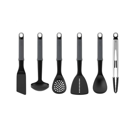 Elevate 6-Piece Kitchen Utensil Set with Tongs &amp; Rotating Carousel Stand - Grey