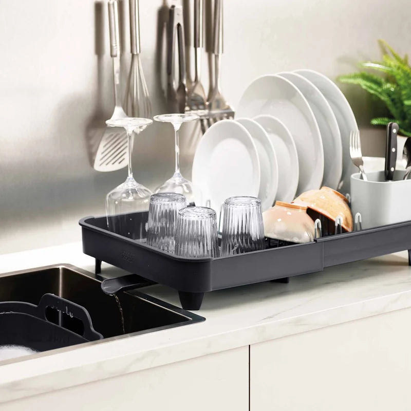 Extend Expandable Dish Drainer with Cutlery Holder &amp; Draining Spout - Grey