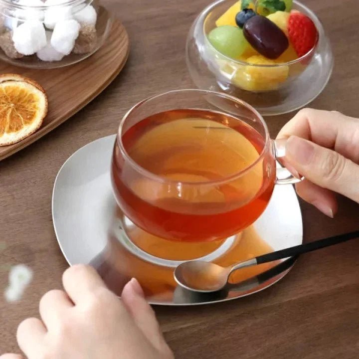 KINTO Unitea Heat-Resistant Glass Cup &amp; Stainless Steel Saucer Set in Kuwait - Waha Lifestyle