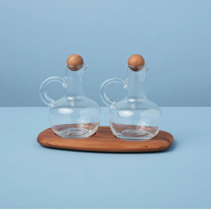 BE HOME Oil &amp; Vinegar Cruet Set with Wooden Tray - Waha Lifestyle