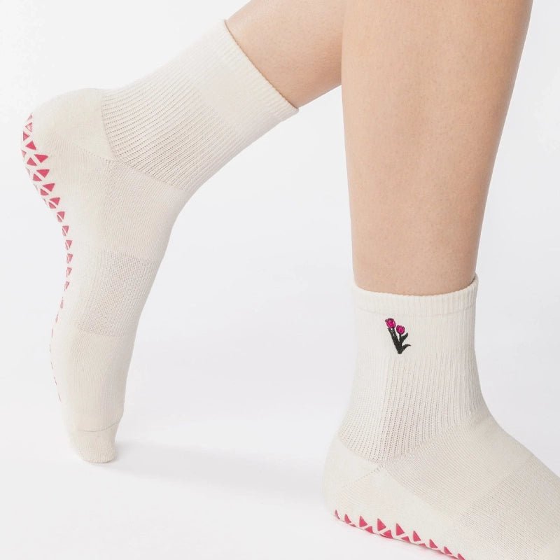 Tulips Ankle Grip Socks for Pilates &amp; Yoga - White