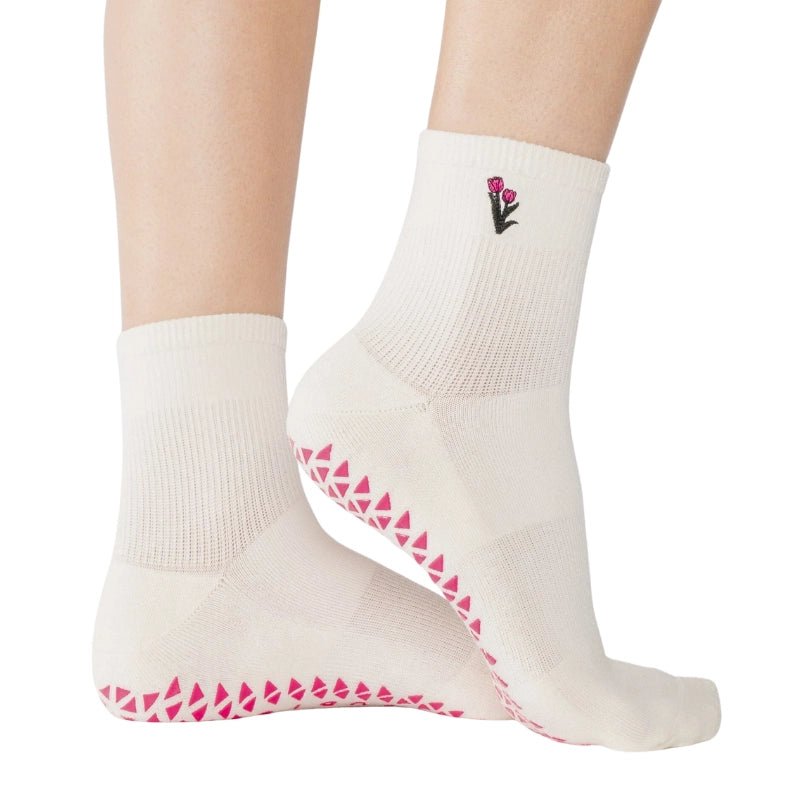 Tulips Ankle Grip Socks for Pilates &amp; Yoga - White