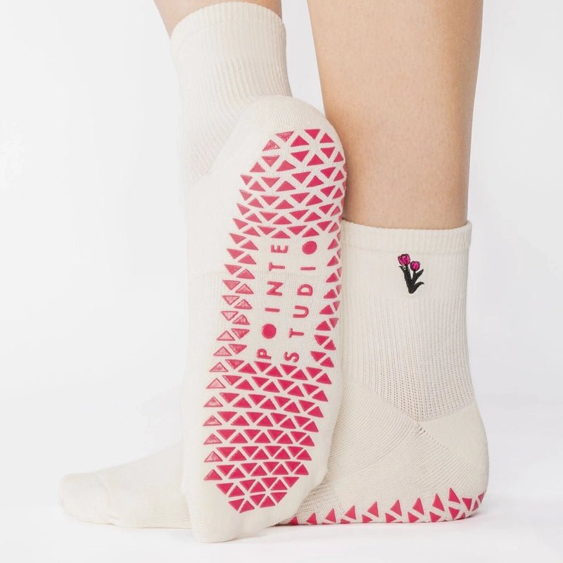 Tulips Ankle Grip Socks for Pilates &amp; Yoga - White